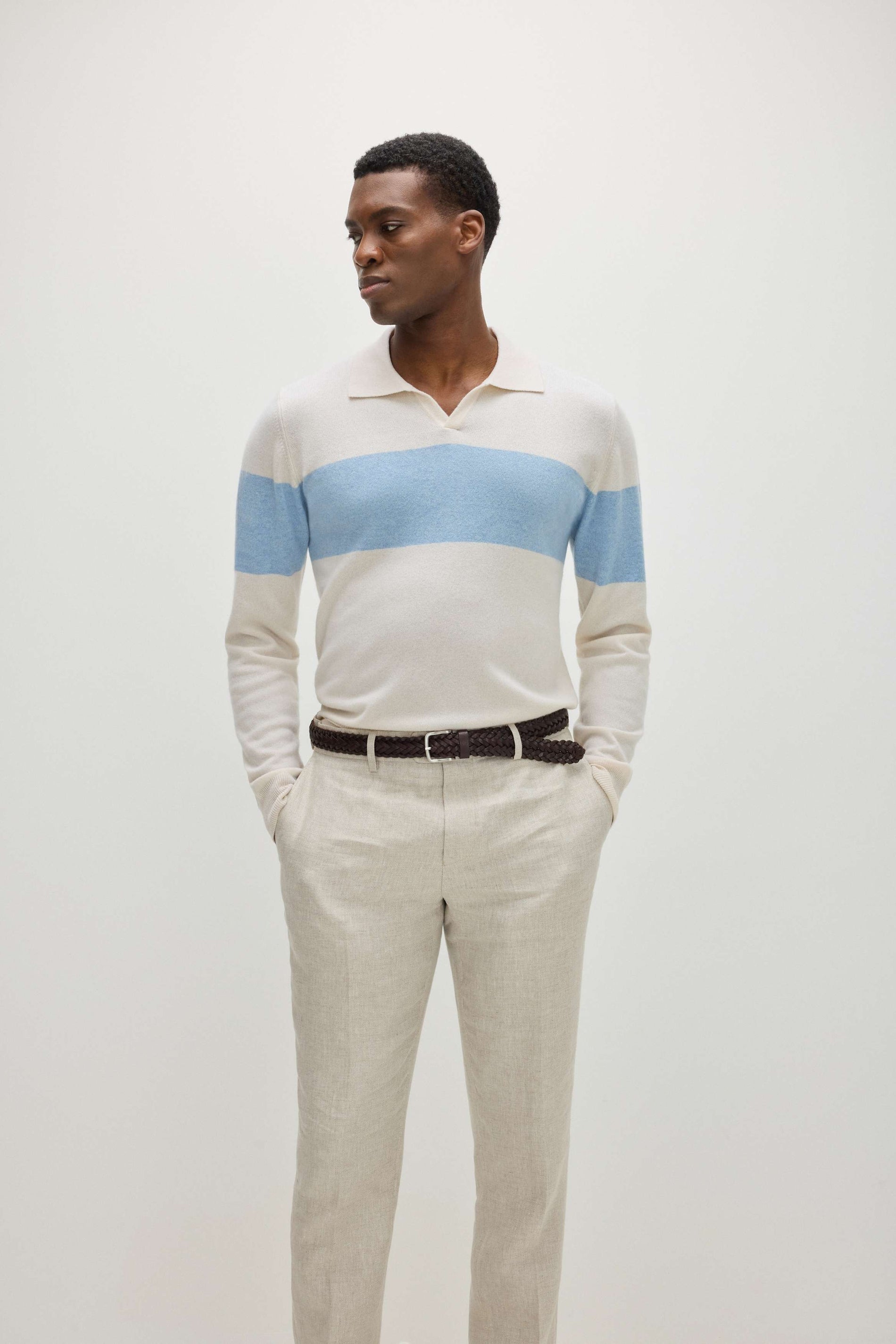 Davida Man Open Collar One Stripe Sweaters White / Blue Fog