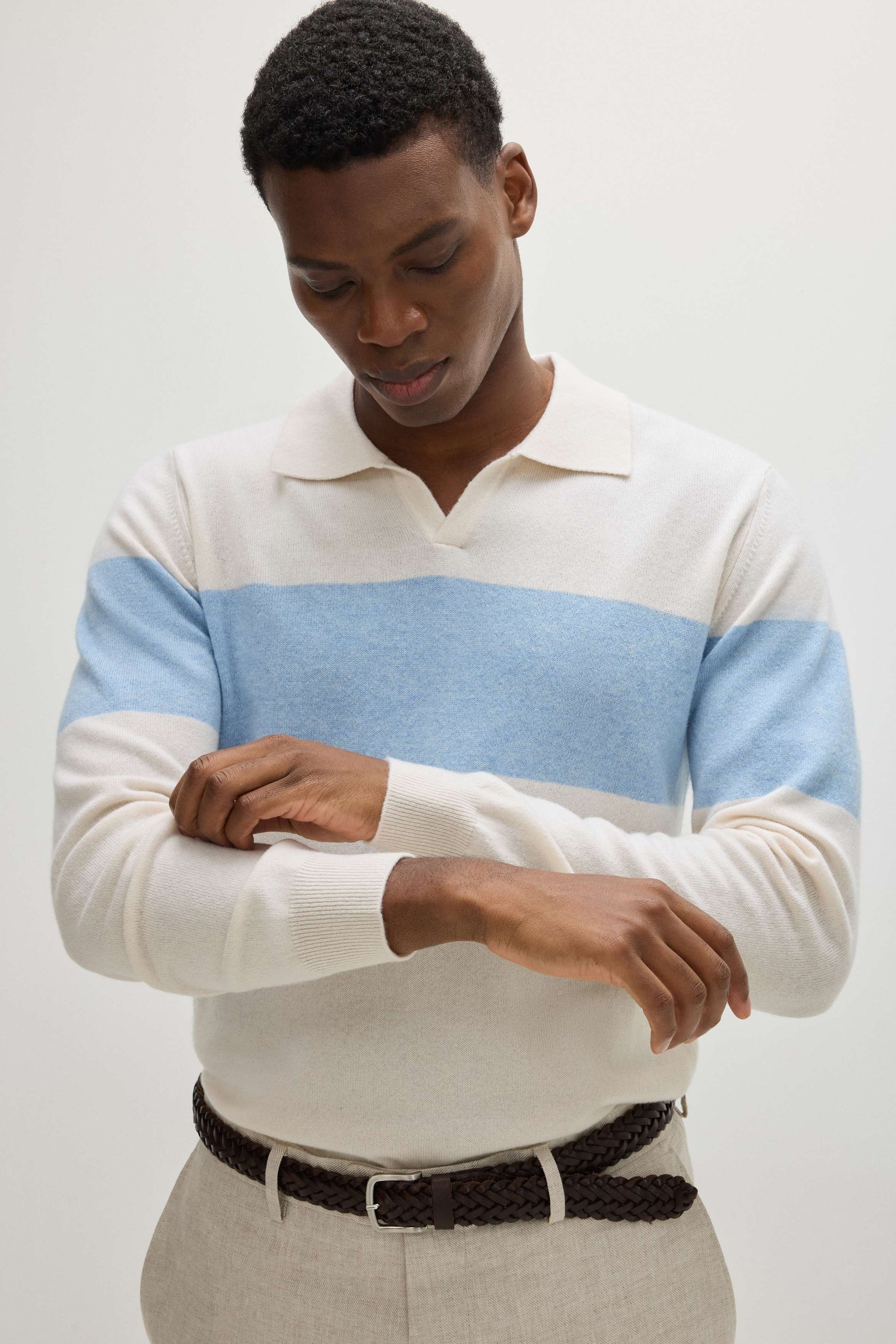 Davida Man Open Collar One Stripe Sweaters White / Blue Fog