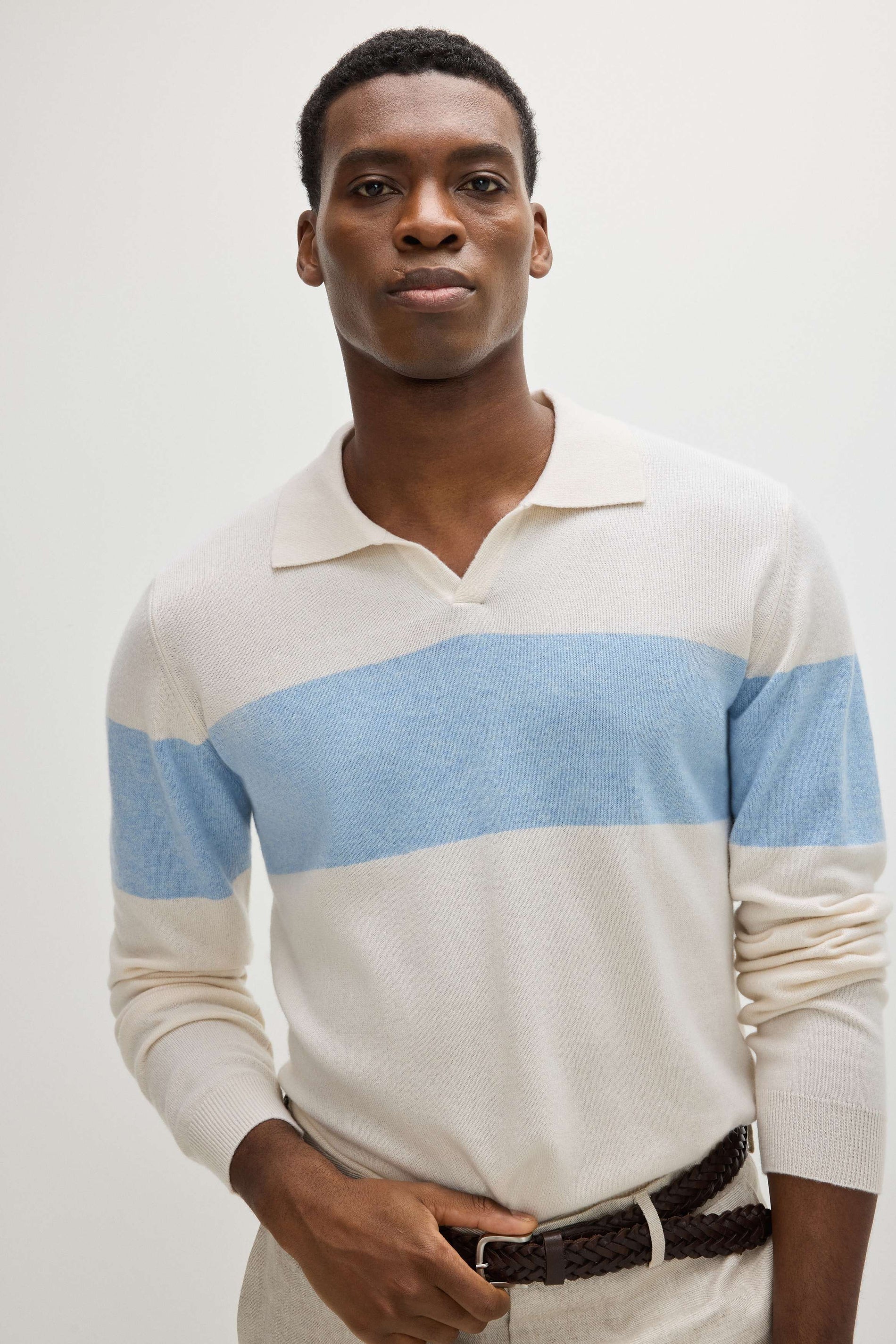 Davida Man Open Collar One Stripe Sweaters White / Blue Fog