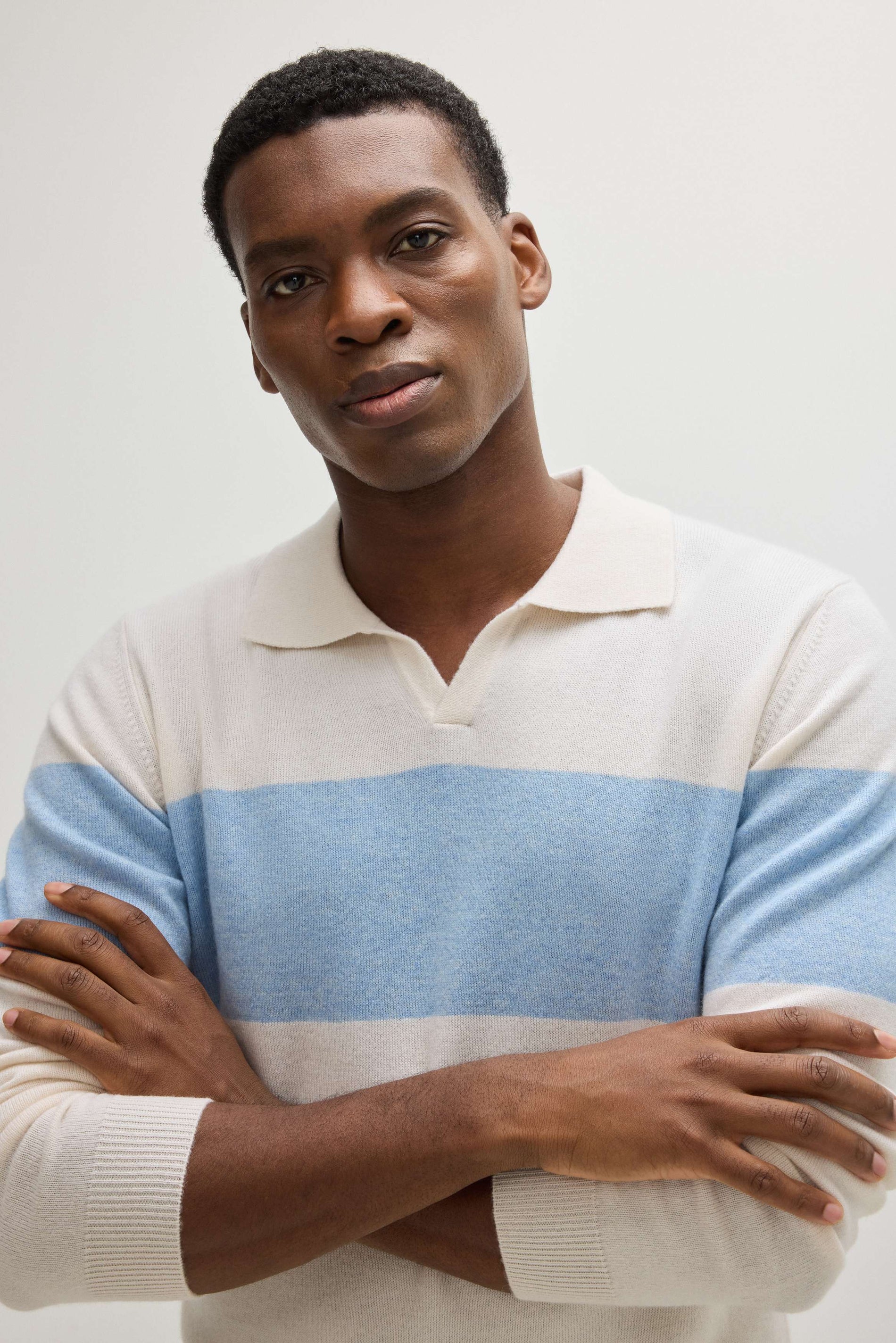 Davida Man Open Collar One Stripe Sweaters White / Blue Fog