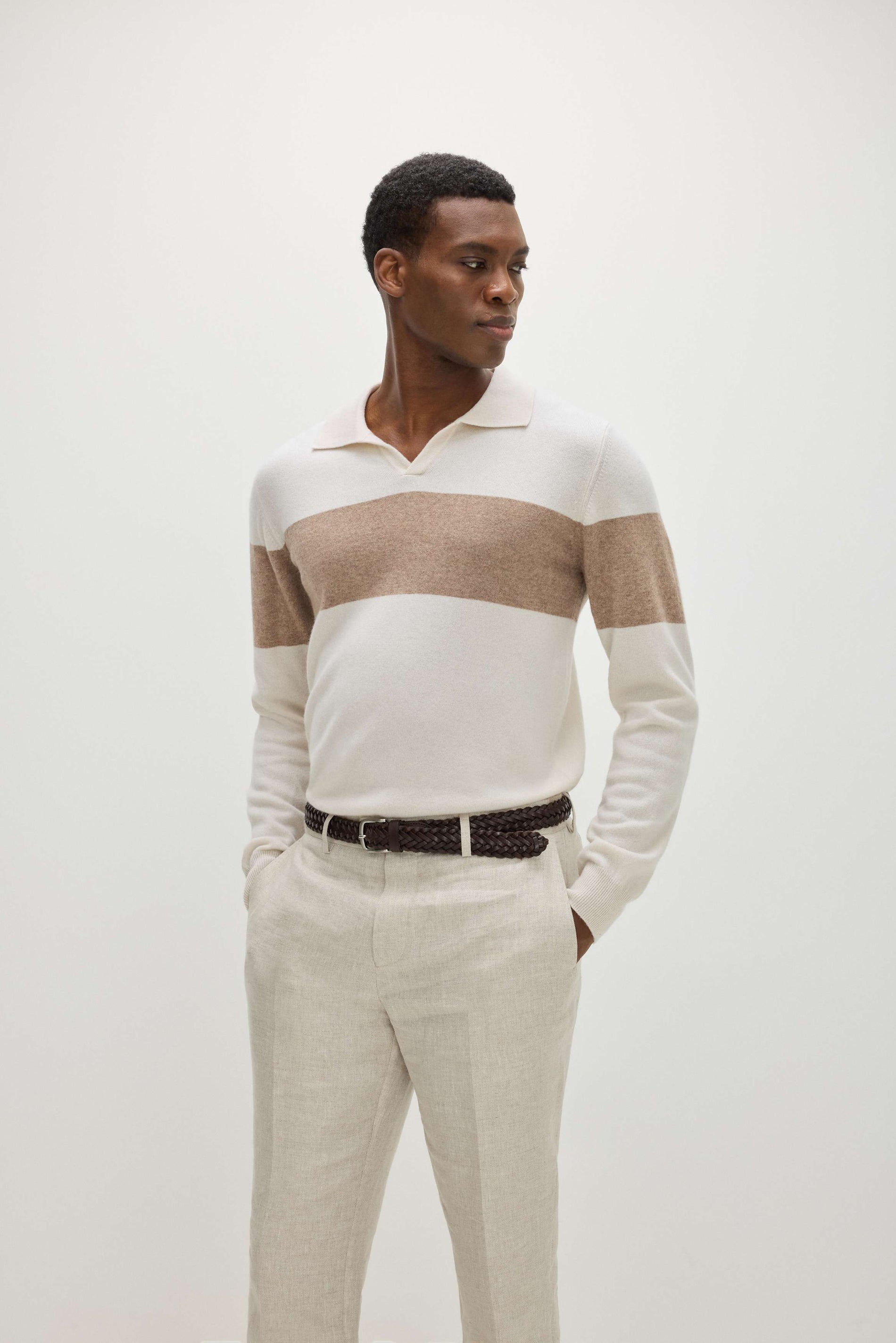 Davida Man Open Collar One Stripe Sweaters White/Mink