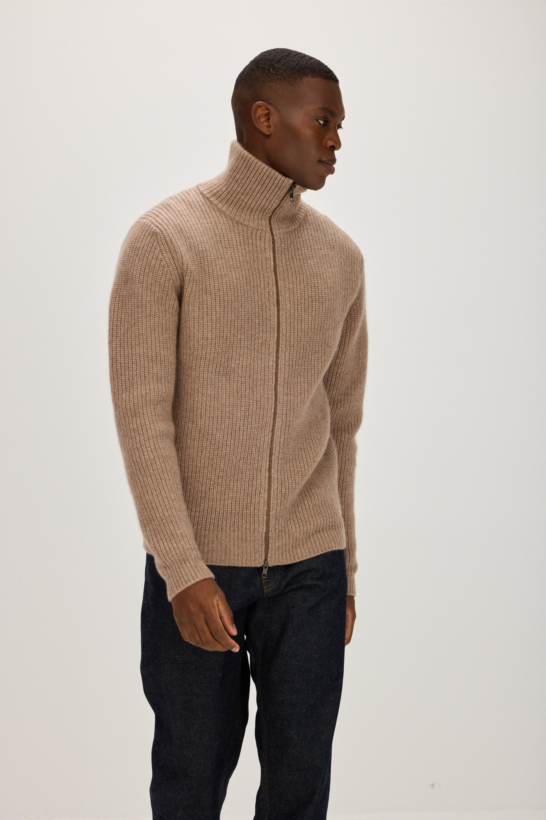 Davida Man Rib Full Zip Sweaters Mink