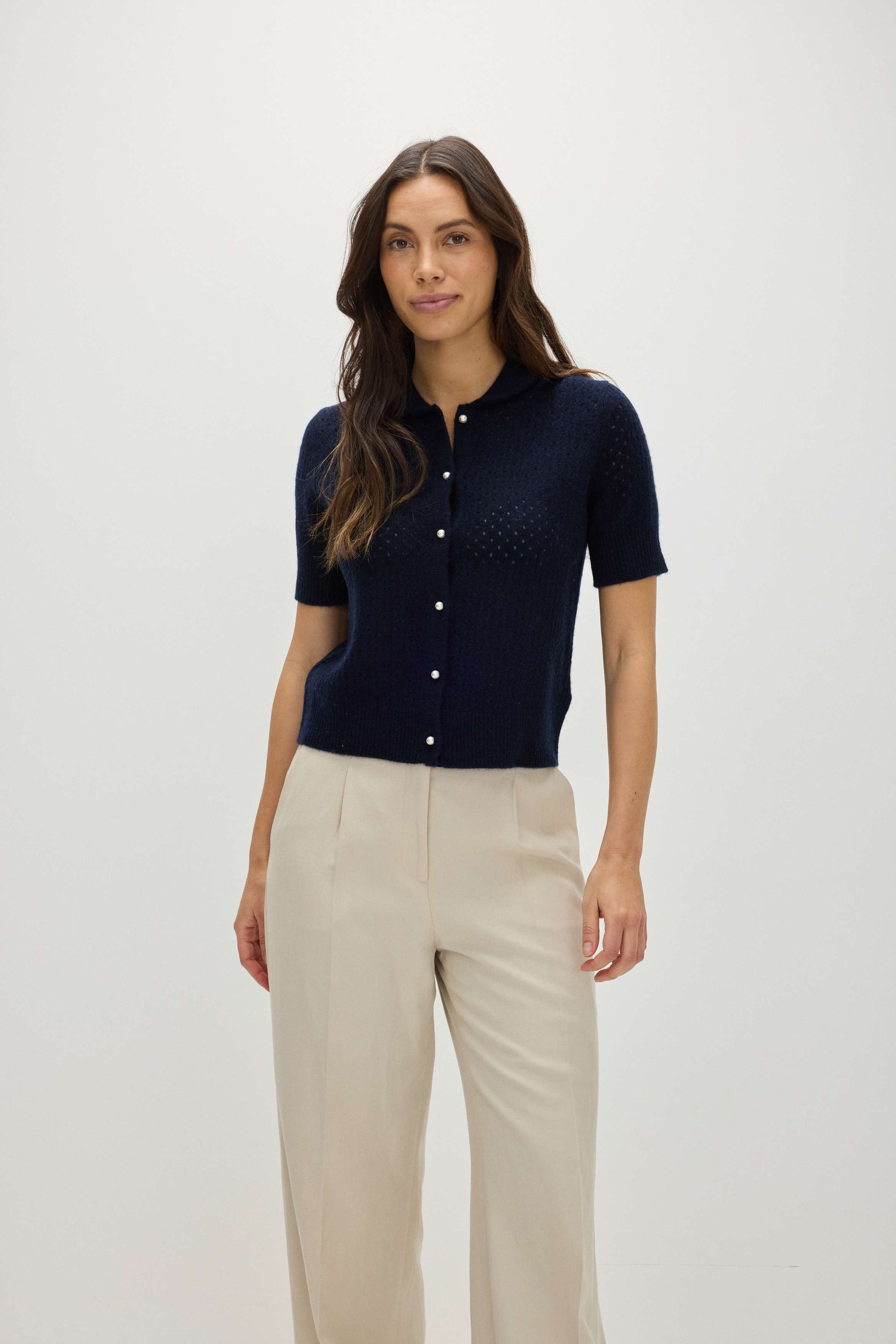 Davida Mesh Knitted Short Sleeve Cardigan Cardigans Navy