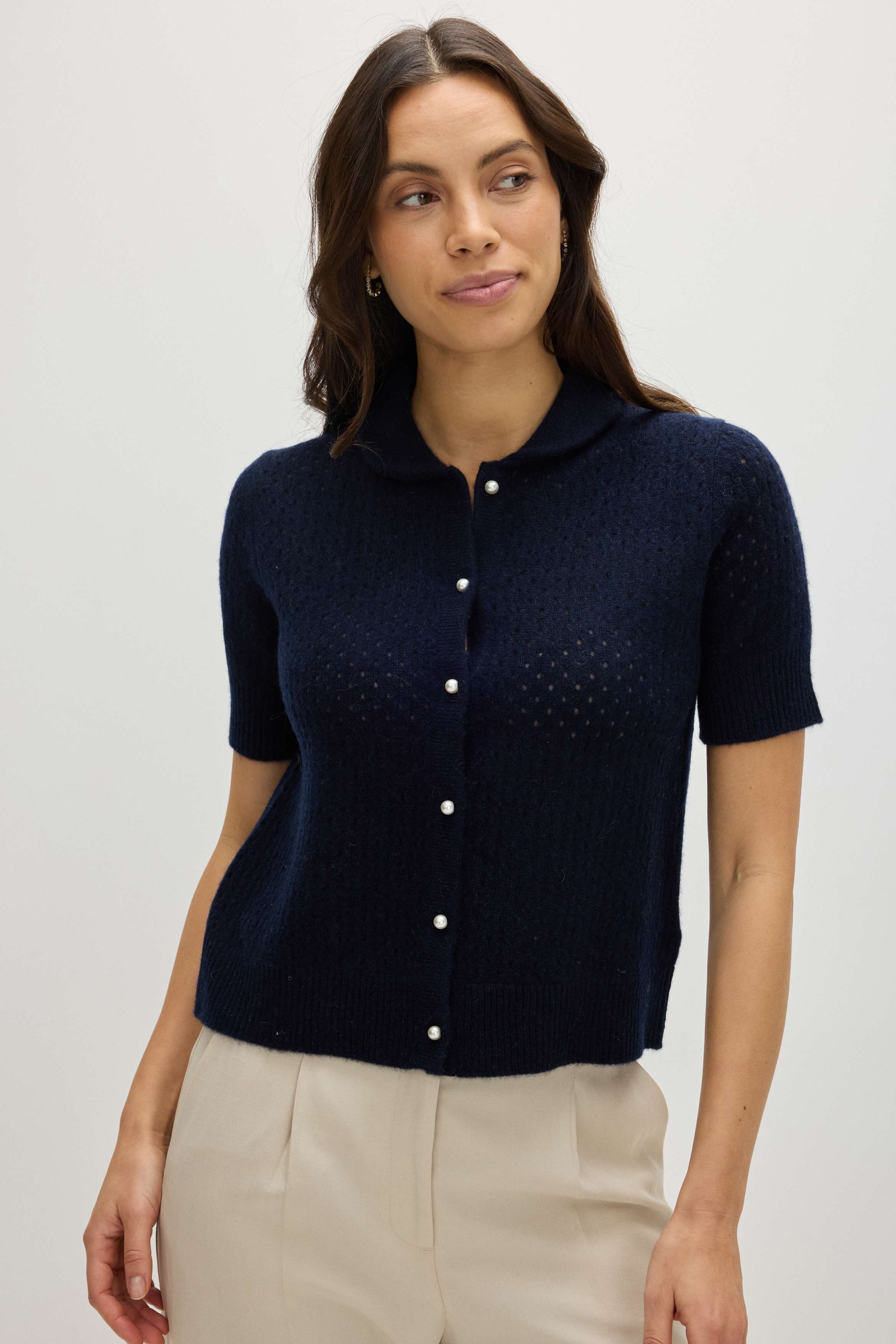 Mesh Knitted Short Sleeve Cardigan - Cardigans - Navy – Davida