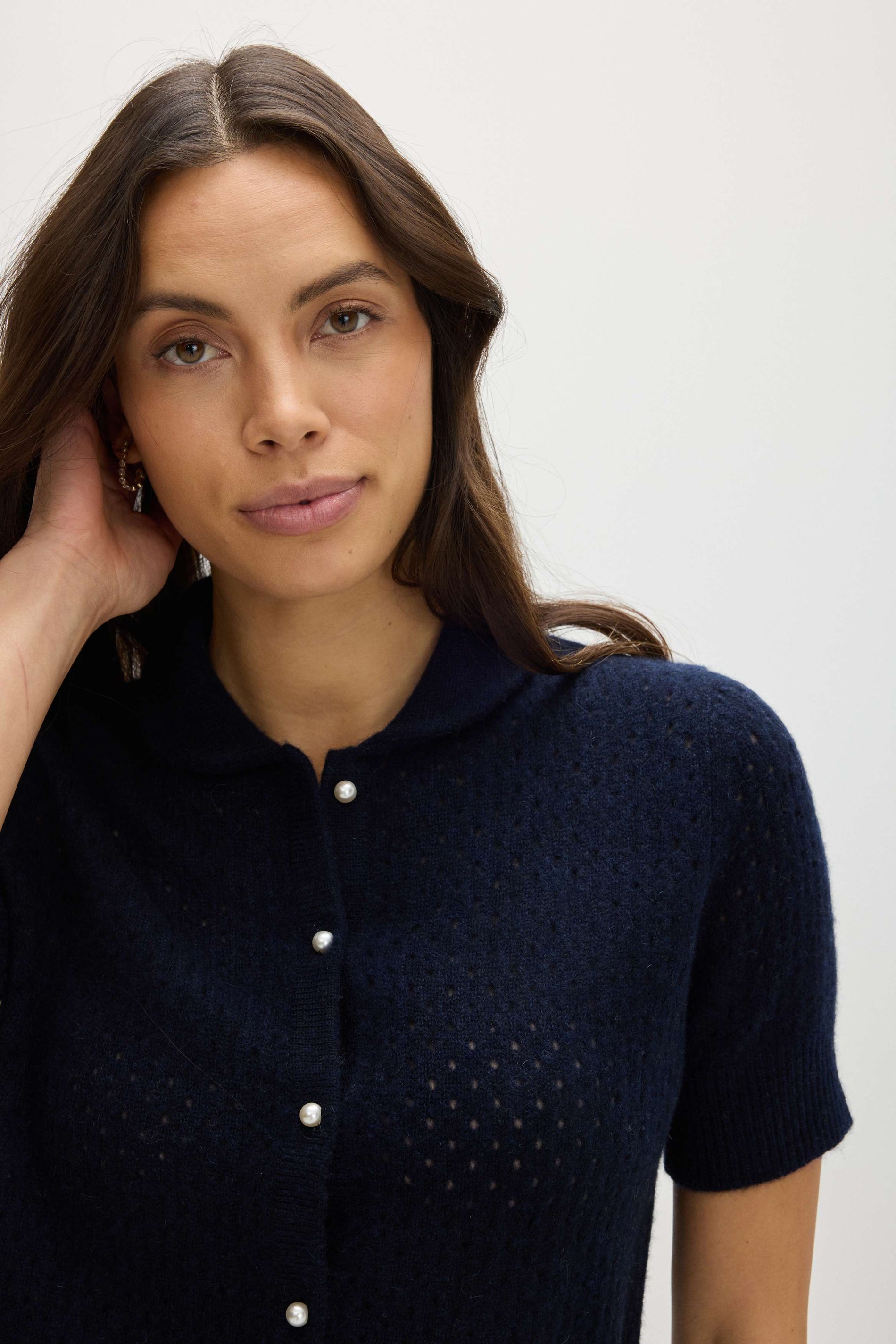 Davida Mesh Knitted Short Sleeve Cardigan Cardigans Navy