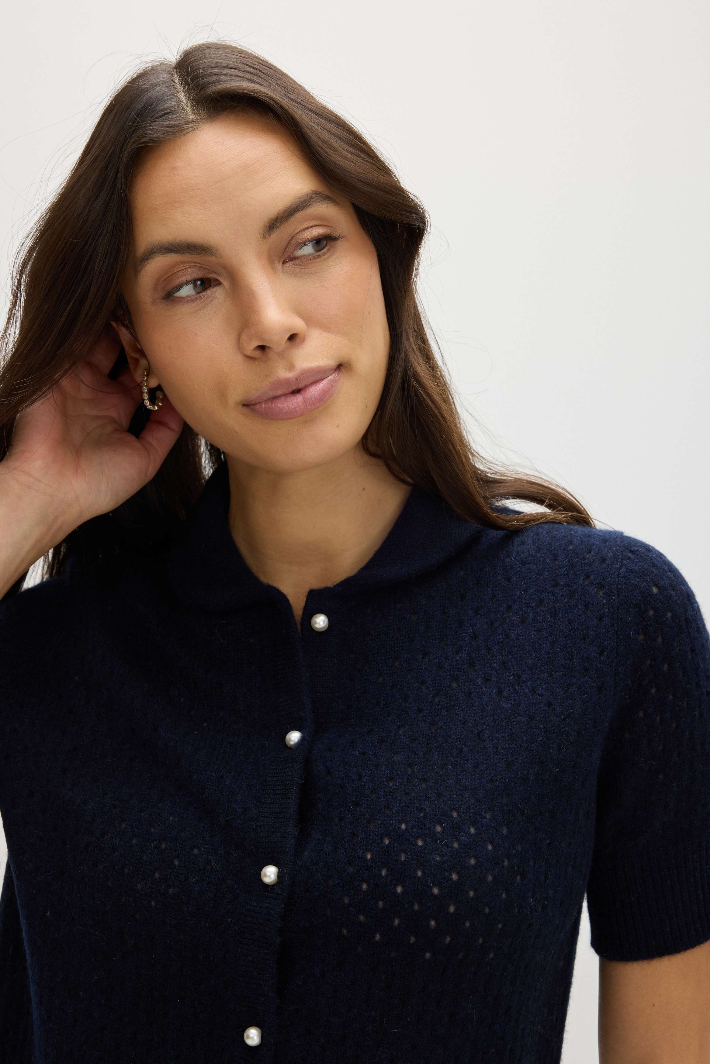 Mesh Knitted Short Sleeve Cardigan - Cardigans - Navy – Davida