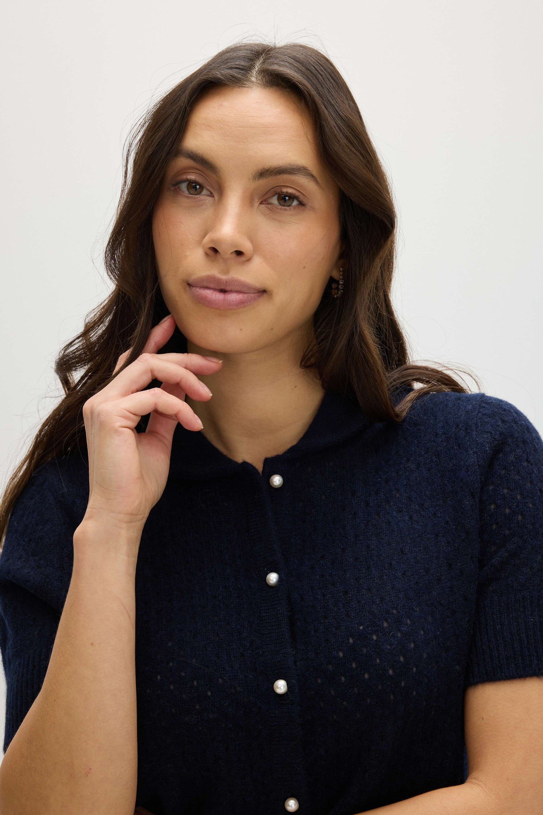 Davida Mesh Knitted Short Sleeve Cardigan Cardigans Navy