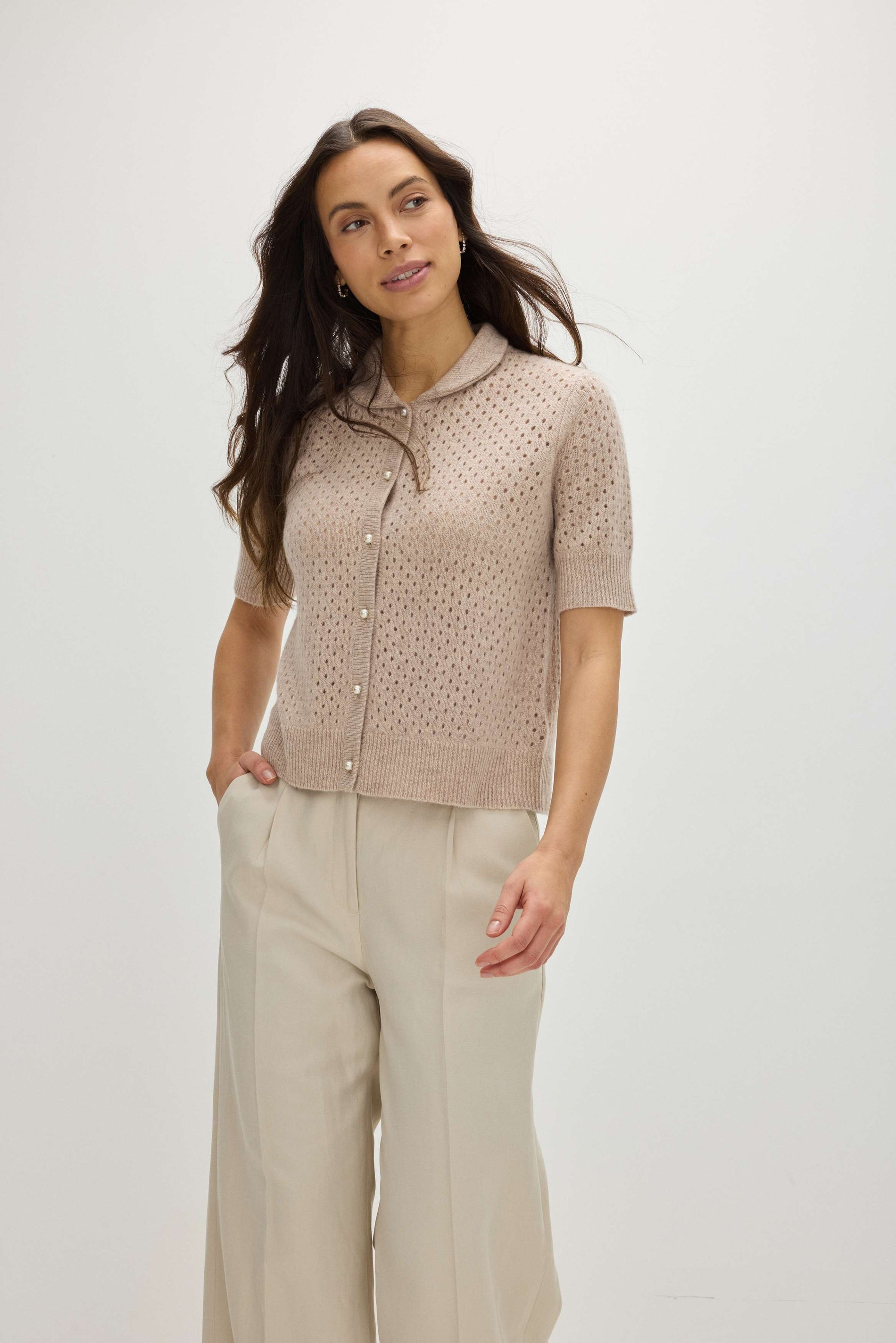Davida Mesh Knitted Short Sleeve Cardigan Cardigans Sand
