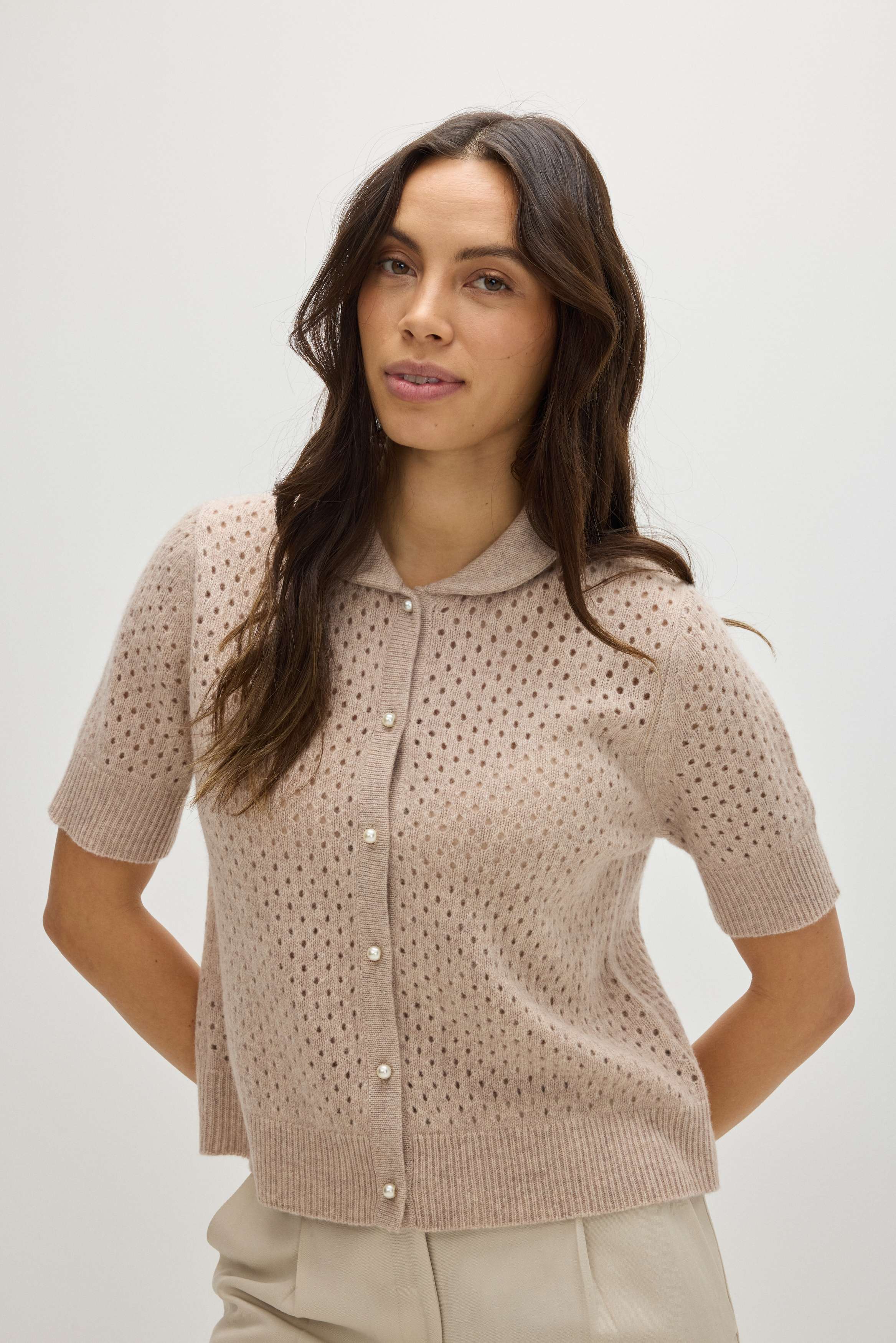 Mesh Knitted Short Sleeve Cardigan - Cardigans - Sand – Davida