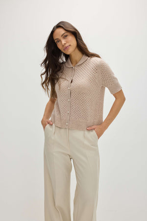 Mesh Knitted Short Sleeve Cardigan - Sand