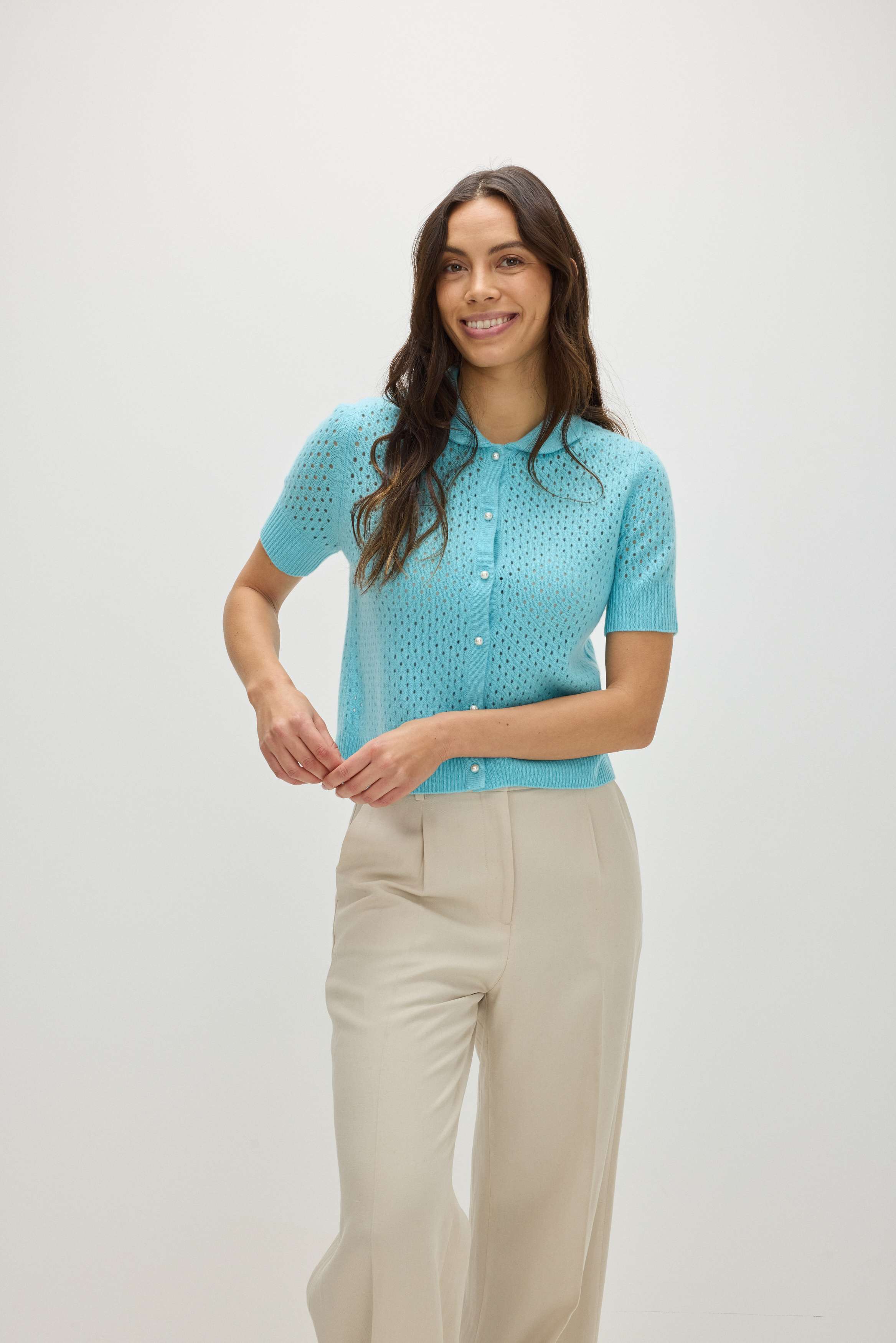 Mesh Knitted Short Sleeve Cardigan - Cardigans - Turquoise