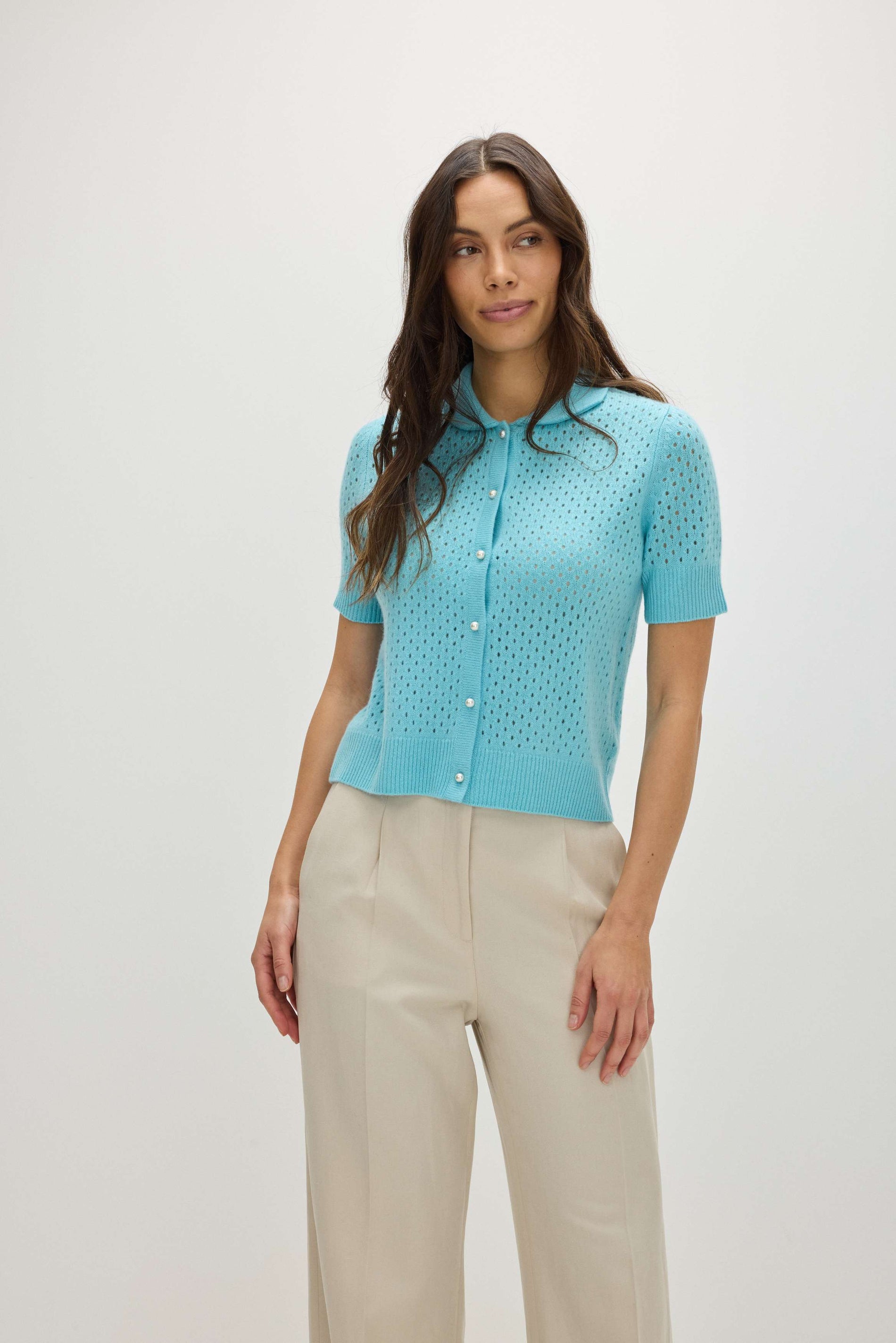 Davida Mesh Knitted Short Sleeve Cardigan Cardigans Turquoise