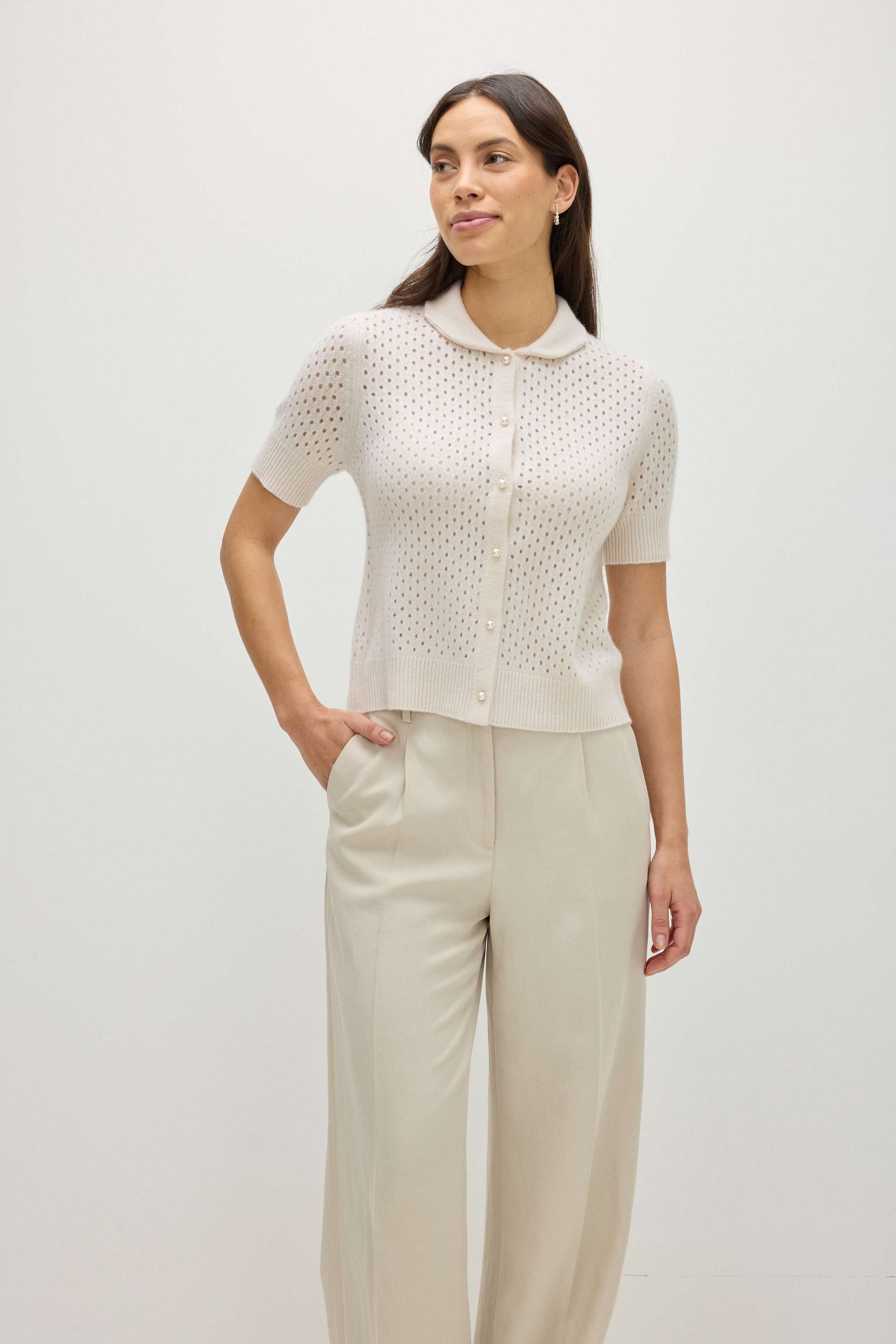 Davida Mesh Knitted Short Sleeve Cardigan Cardigans White