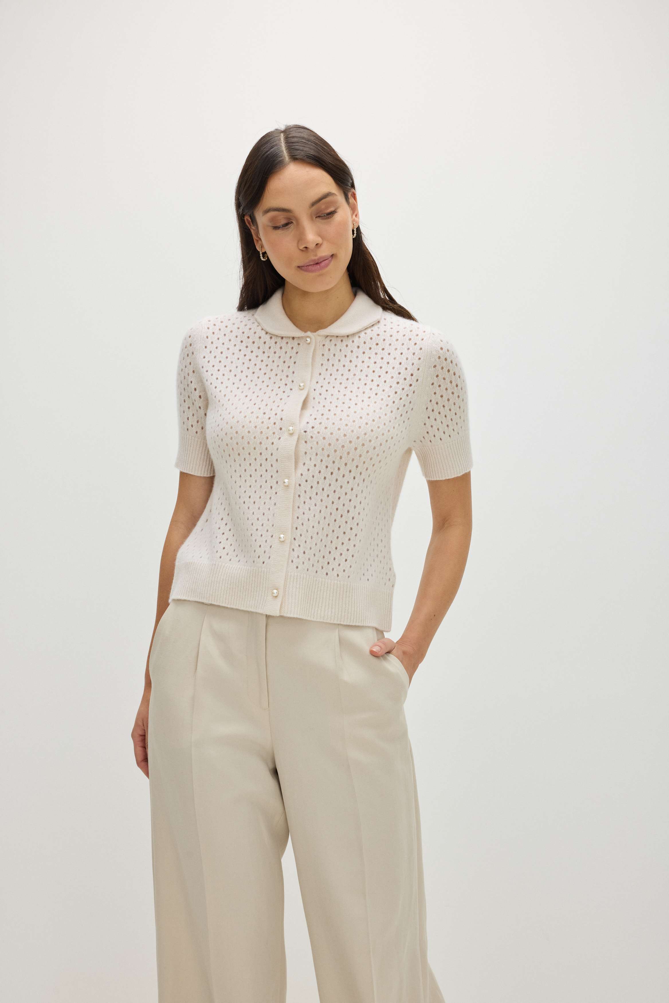 Mesh Knitted Short Sleeve Cardigan - Cardigans - White – Davida