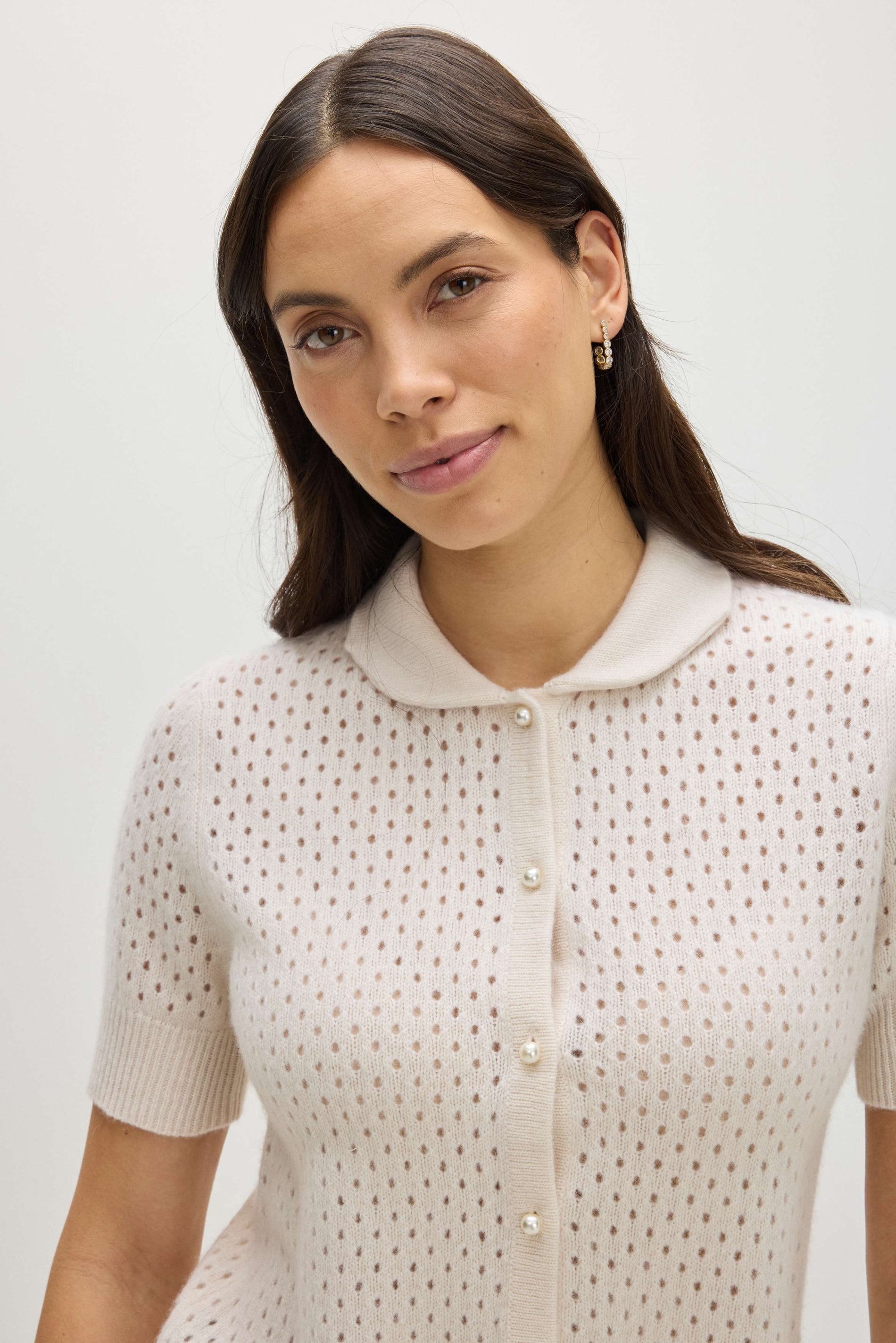 Davida Mesh Knitted Short Sleeve Cardigan Cardigans White