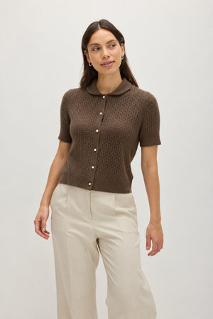 Mesh Knitted Short Sleeve Open Collar - Cacao