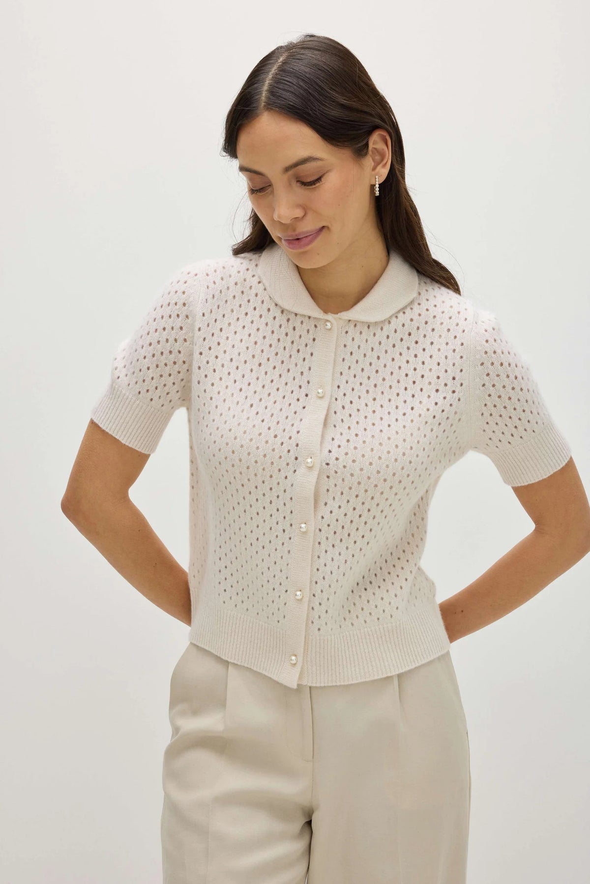 Davida Mesh Knitted Short Sleeve Open Collar Sweaters White