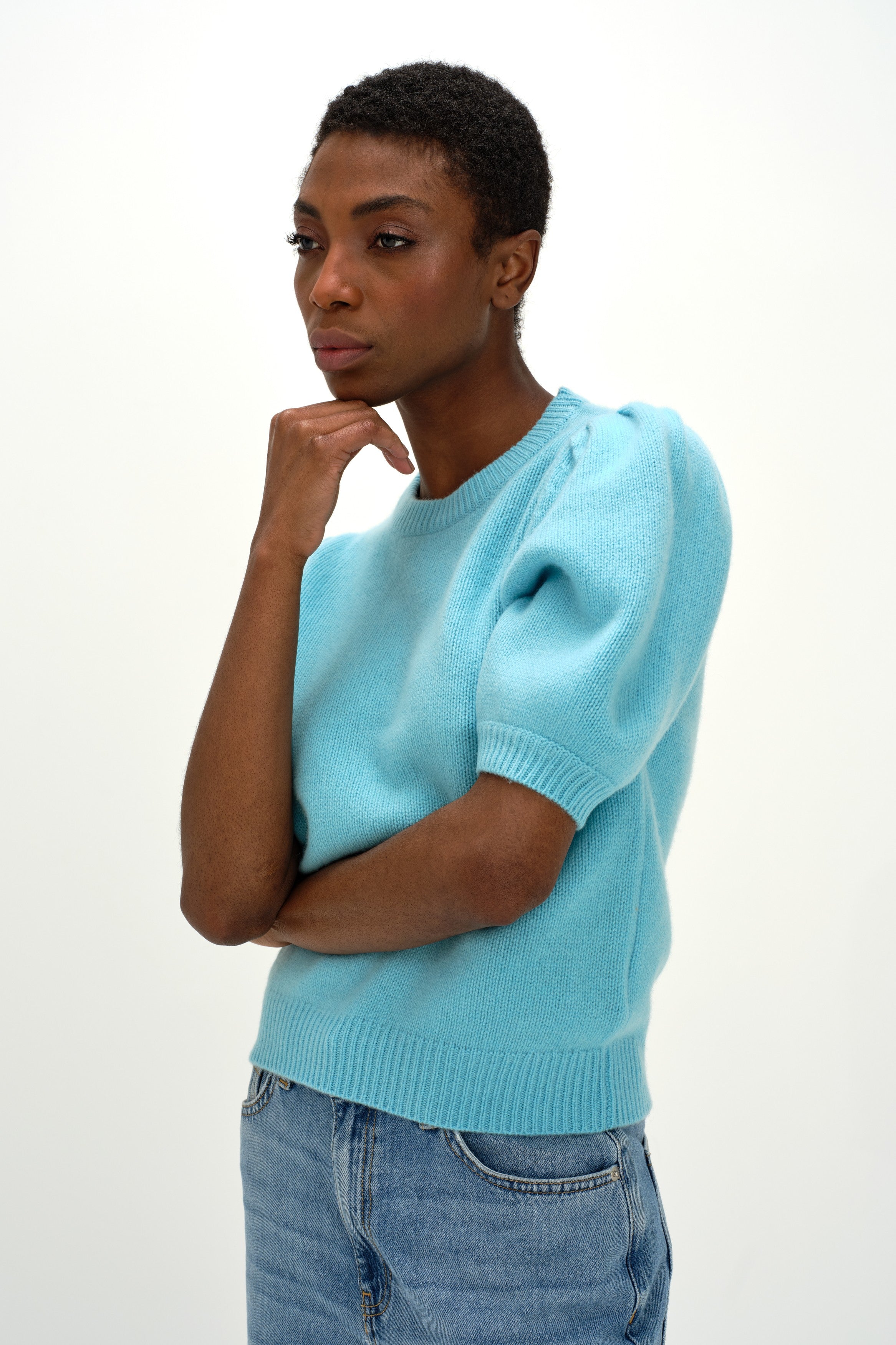 Puff Sleeve T-shirt - Sweaters - Turquoise – Davida Cashmere