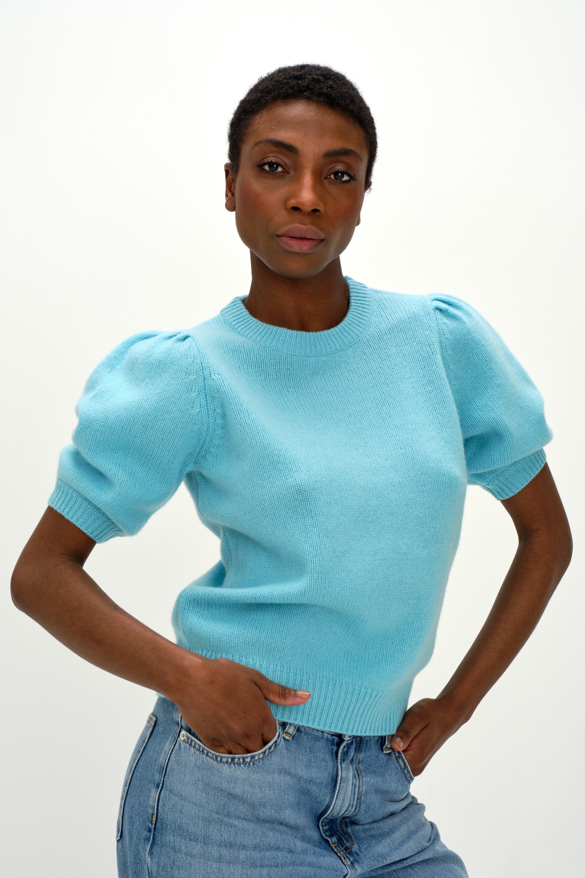 Puff Sleeve T-shirt - Sweaters - Turquoise – Davida Cashmere