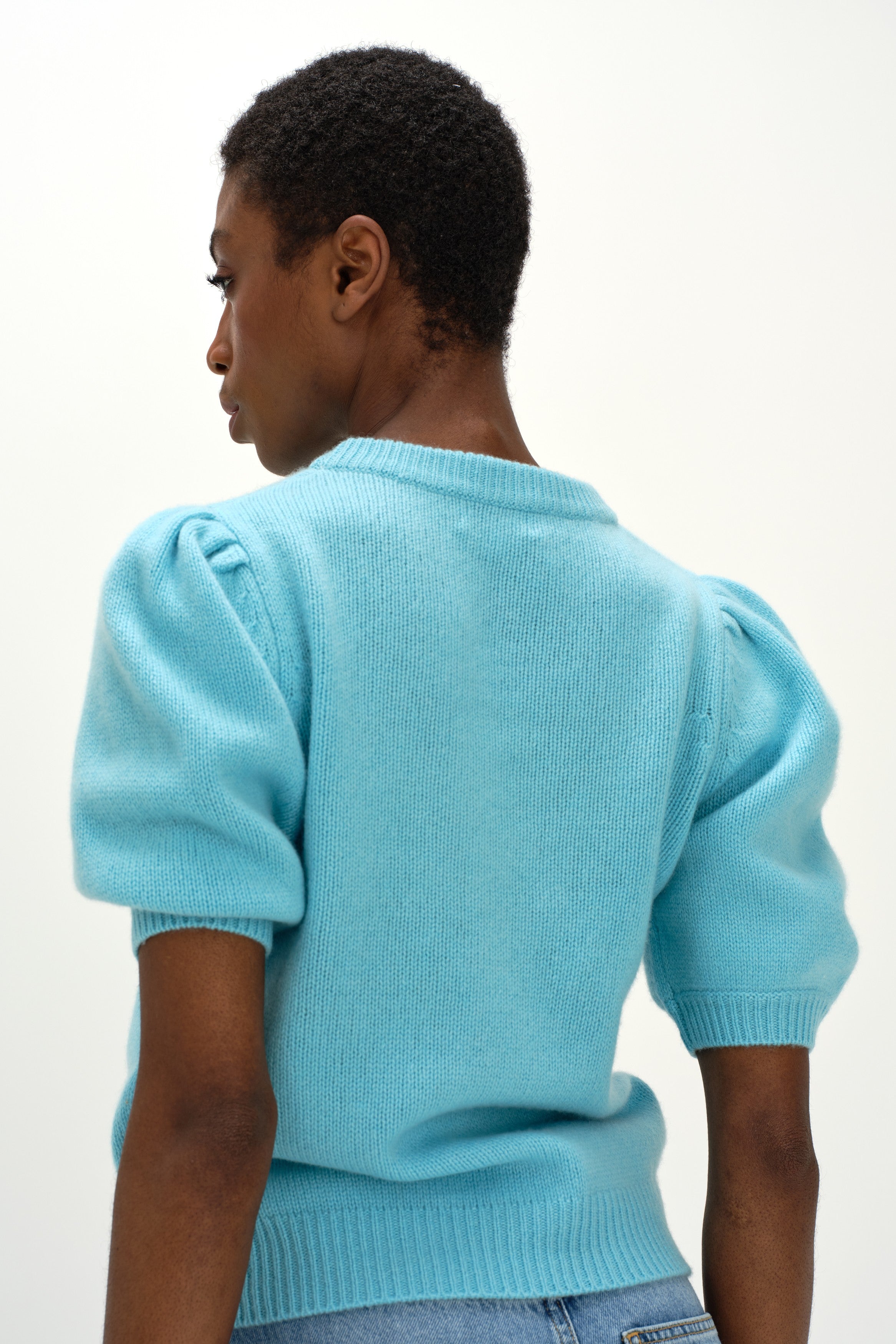 Puff Sleeve T-shirt - Sweaters - Turquoise – Davida Cashmere