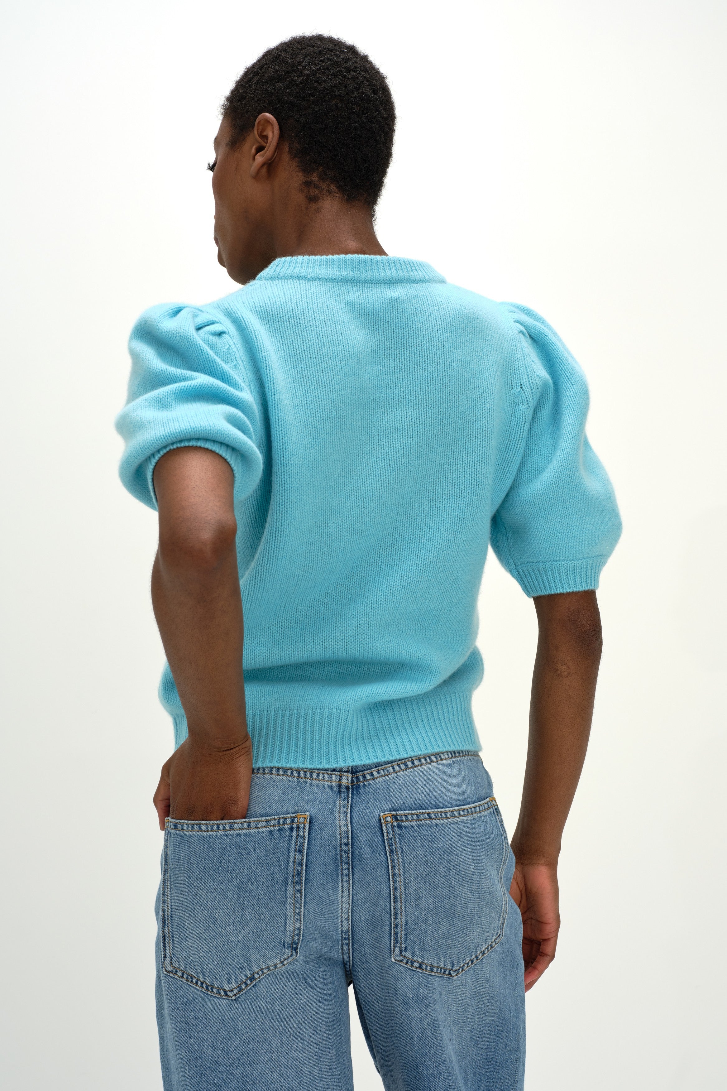 Puff Sleeve T-shirt - Sweaters - Turquoise – Davida Cashmere