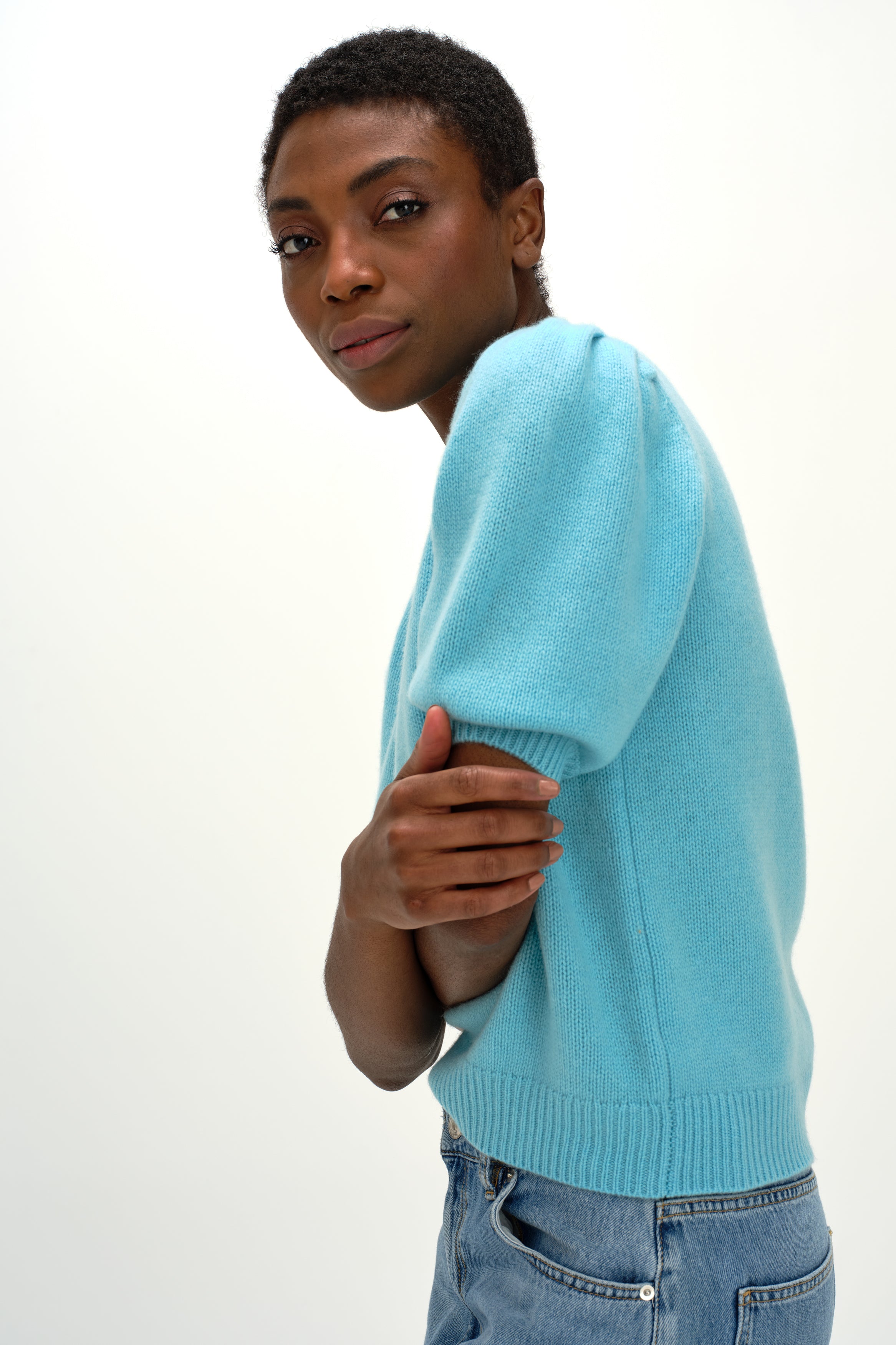 Puff Sleeve T-shirt - Sweaters - Turquoise – Davida Cashmere