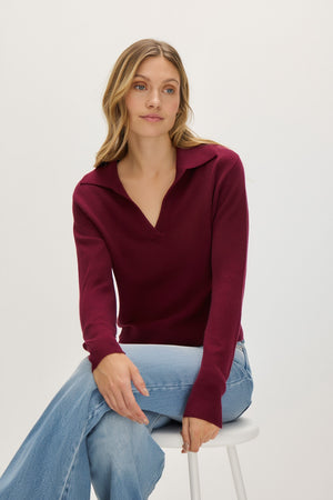 Short Open Collar Sweater - Mulberry Red