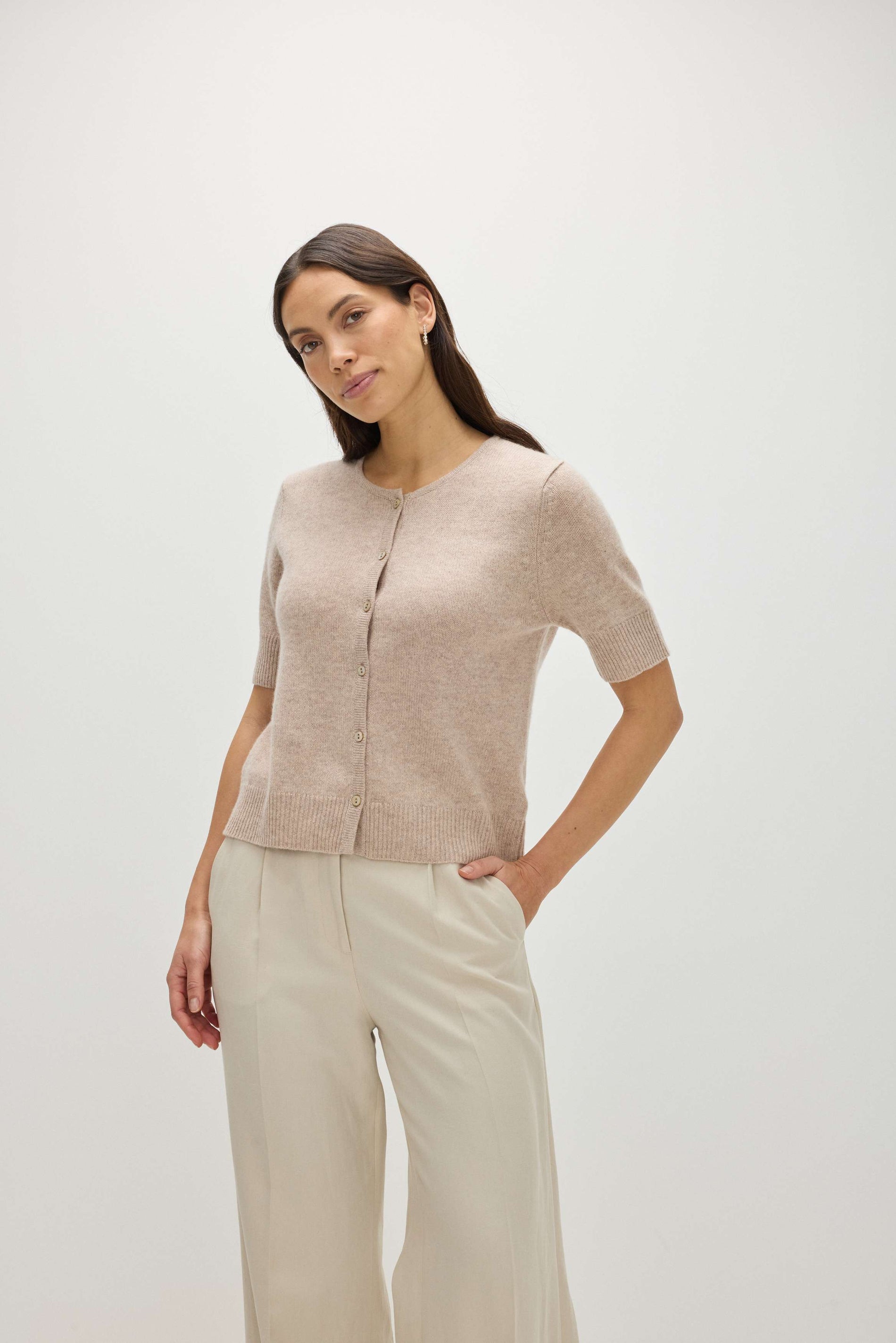 Davida Short Sleeve Boxy Cardigan Cardigans Sand