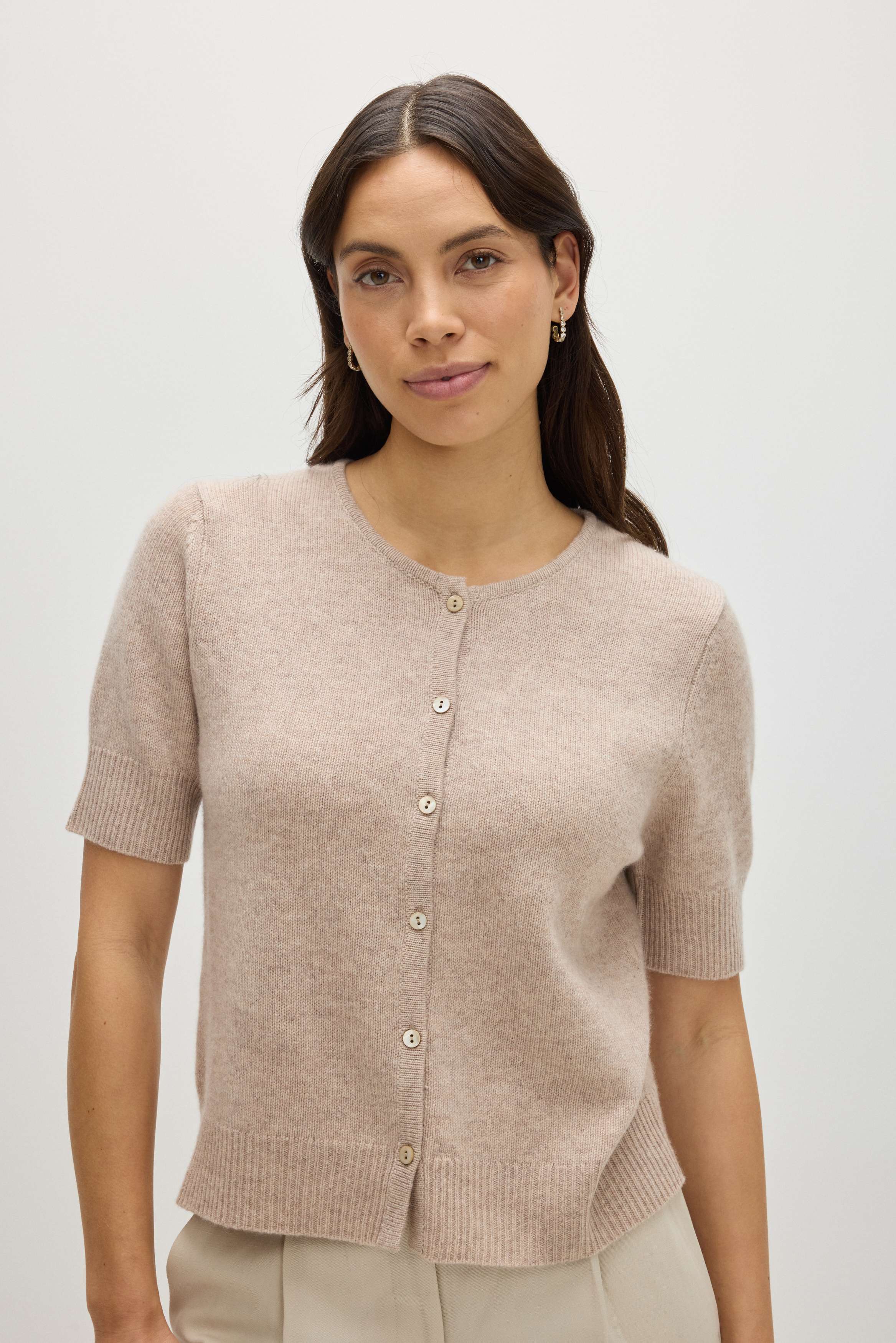 Short Sleeve Boxy Cardigan - Cardigans - Sand – Davida Cashmere