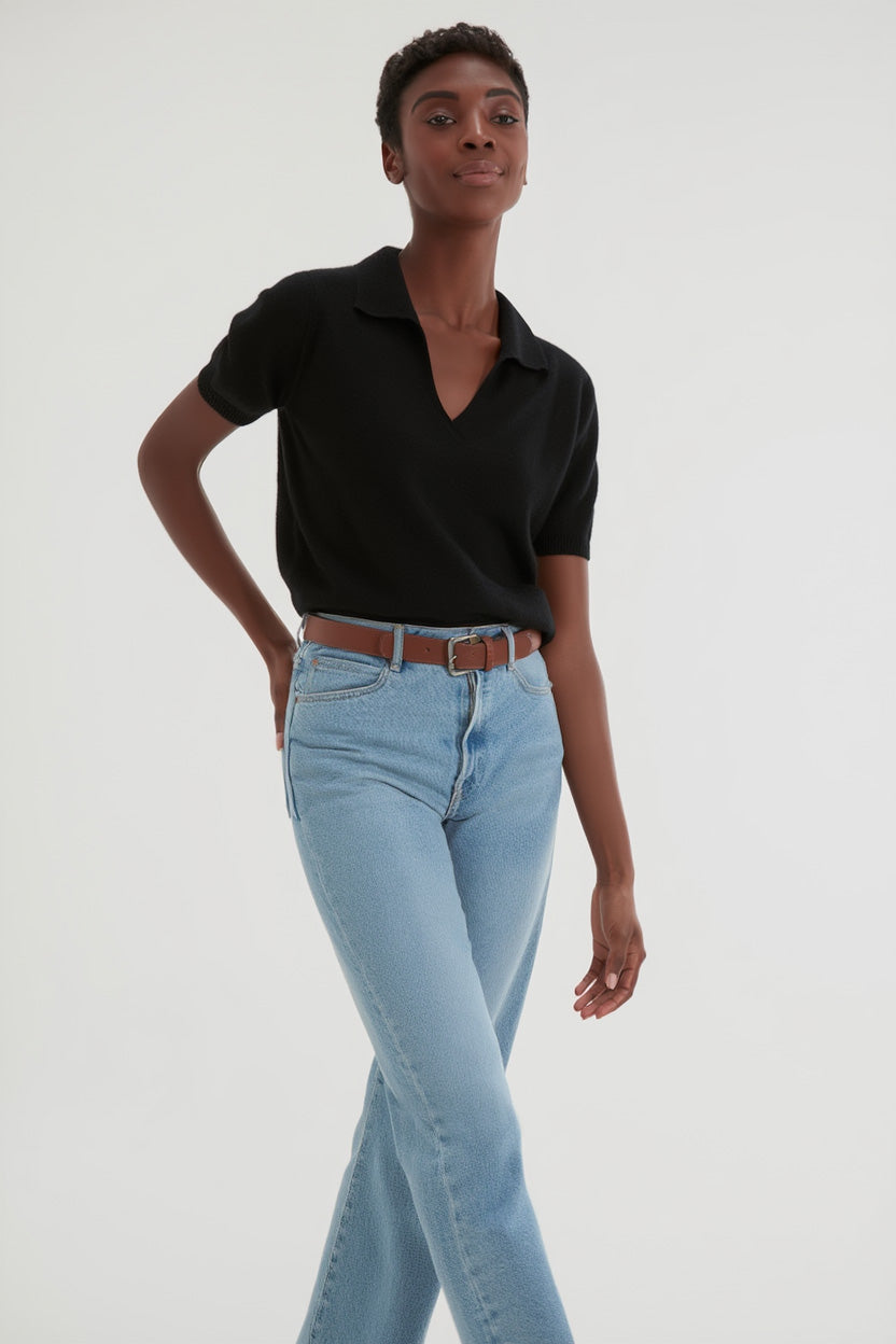 Davida Short Sleeve Open Collar Loose Tension Sweaters Black