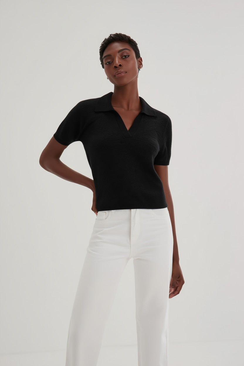 Davida Short Sleeve Open Collar Loose Tension Sweaters Black