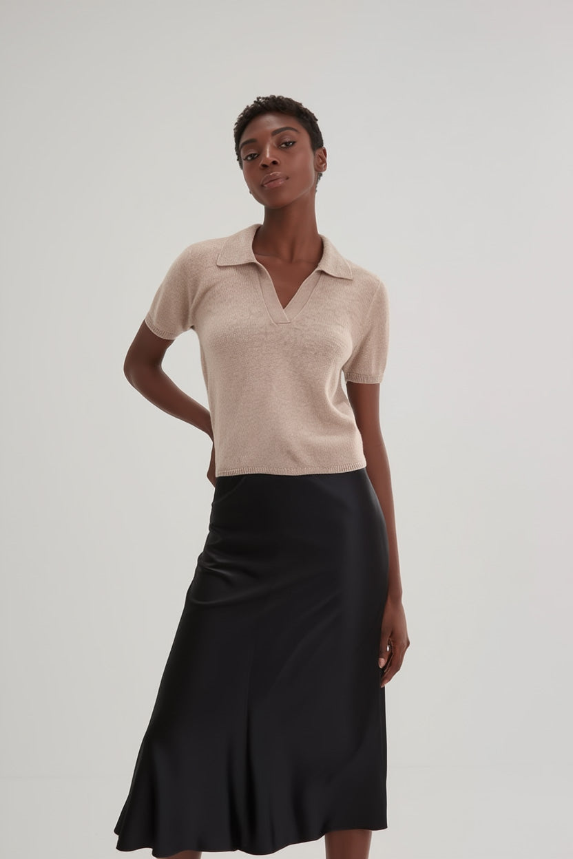 Davida Short Sleeve Open Collar Loose Tension Sweaters Sand