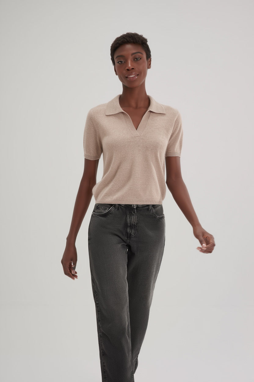Davida Short Sleeve Open Collar Loose Tension Sweaters Sand