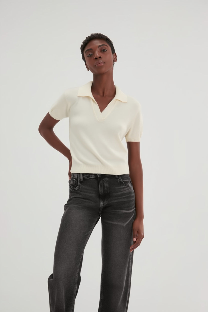 Davida Short Sleeve Open Collar Loose Tension Sweaters White