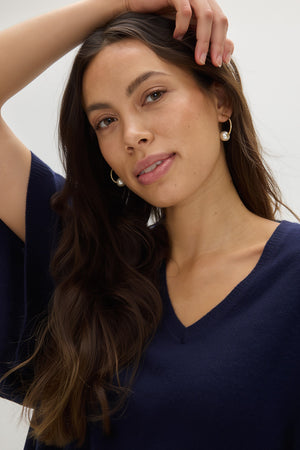 V-Neck Oversized Short Sleeve Sweater - Navy