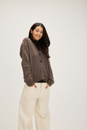 V-Neck Wide Cable Cardigan - Cacao