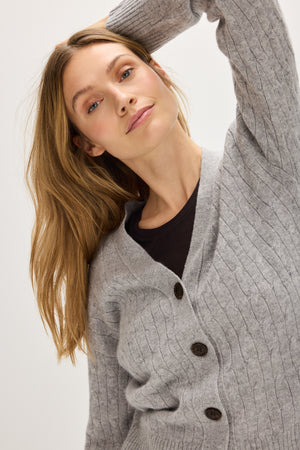 V-Neck Wide Cable Cardigan - Light Grey
