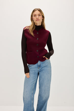 V-neck Cardigan Vest - Mulberry Red