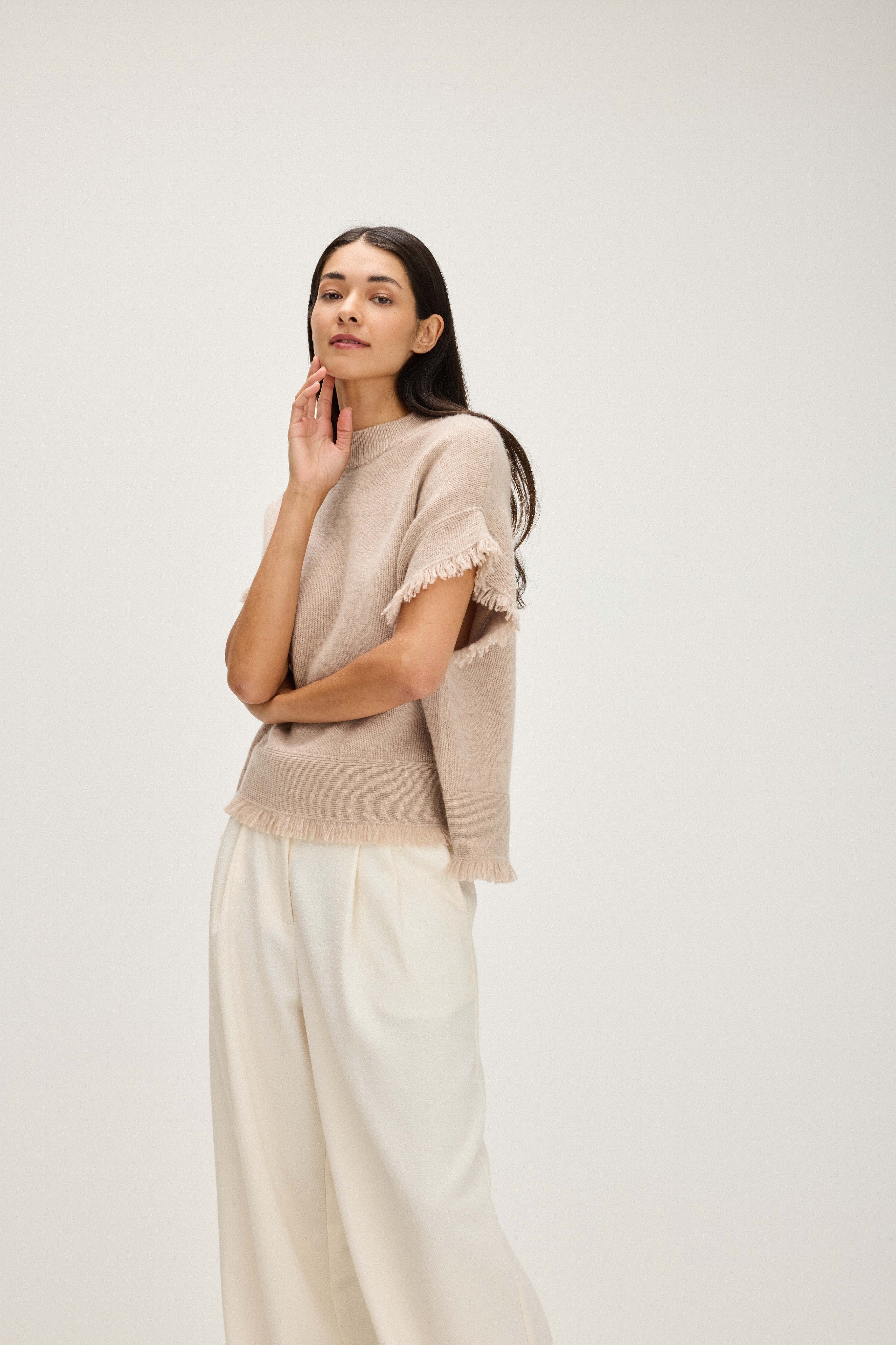 Vest Fringes - Sweaters - Sand – Davida Cashmere